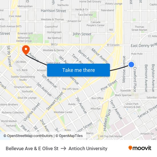 Bellevue Ave & E Olive St to Antioch University map