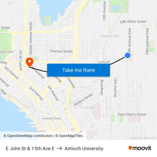 E John St & 15th Ave E to Antioch University map