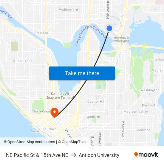 NE Pacific St & 15th Ave NE to Antioch University map