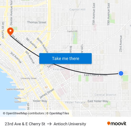 23rd Ave & E Cherry St to Antioch University map