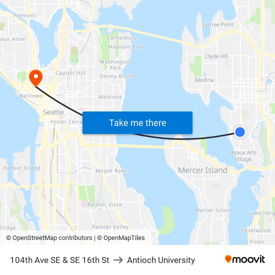 104th Ave SE & SE 16th St to Antioch University map