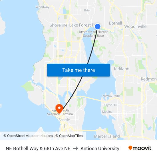 NE Bothell Way & 68th Ave NE to Antioch University map