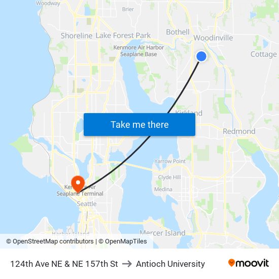 124th Ave NE & NE 157th St to Antioch University map