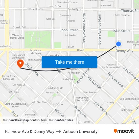 Fairview Ave & Denny Way to Antioch University map