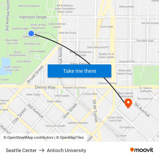 Seattle Center to Antioch University map