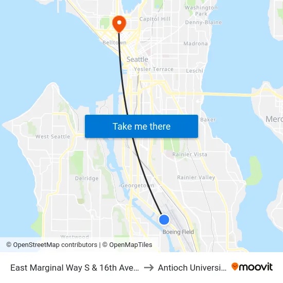 East Marginal Way S & 16th Ave S to Antioch University map