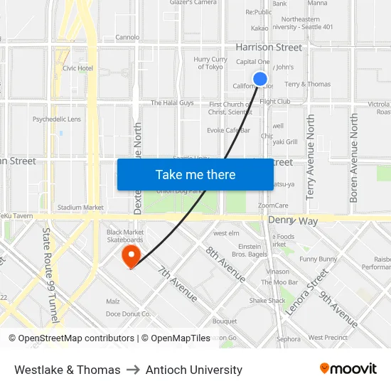 Westlake & Thomas to Antioch University map