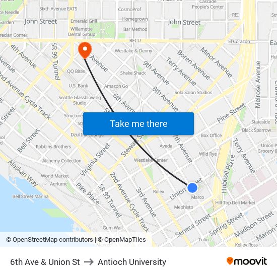 6th Ave & Union St to Antioch University map