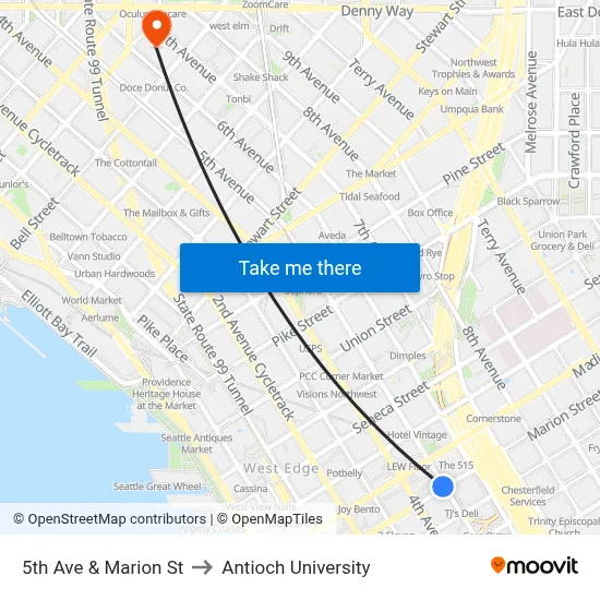 5th Ave & Marion St to Antioch University map