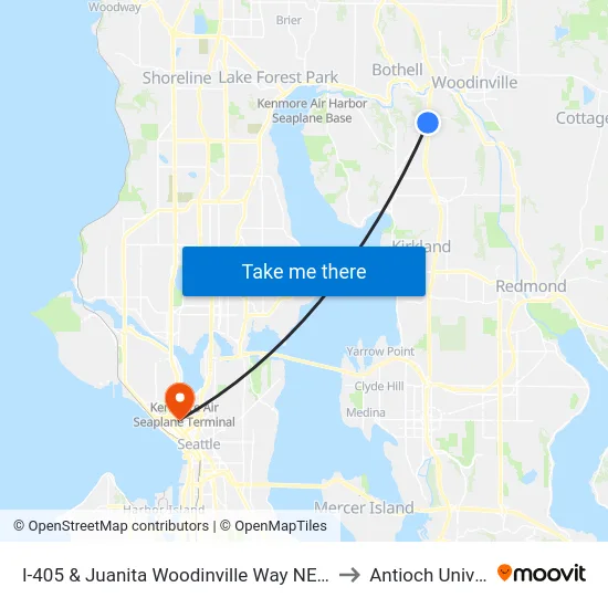 I-405 & Juanita Woodinville Way NE (Brickyard) to Antioch University map