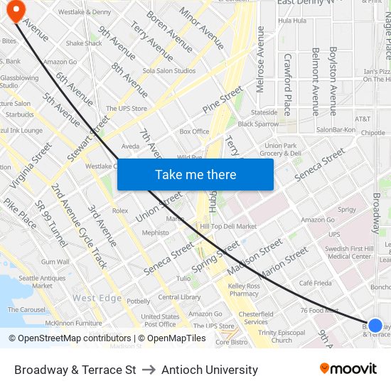 Broadway & Terrace St to Antioch University map