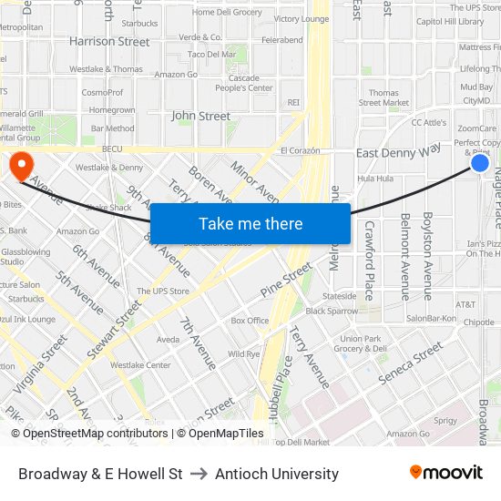 Broadway & E Howell St to Antioch University map