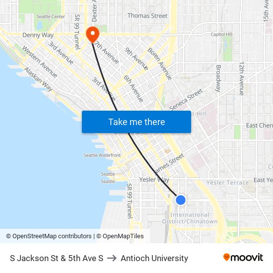 S Jackson St & 5th Ave S to Antioch University map