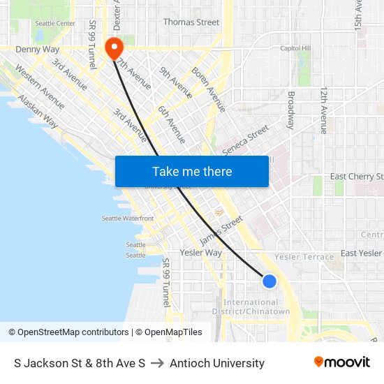 S Jackson St & 8th Ave S to Antioch University map