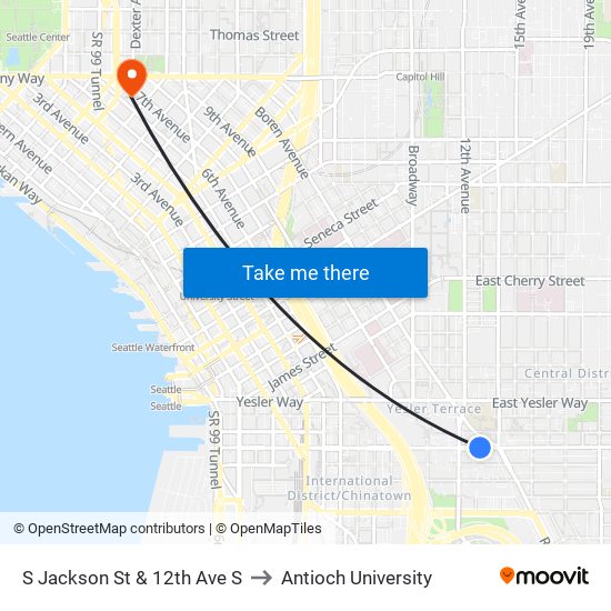 S Jackson St & 12th Ave S to Antioch University map