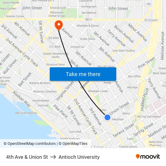 4th Ave & Union St to Antioch University map