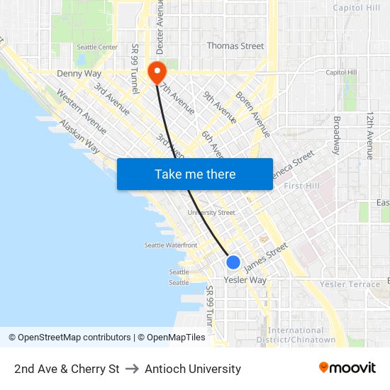 2nd Ave & Cherry St to Antioch University map