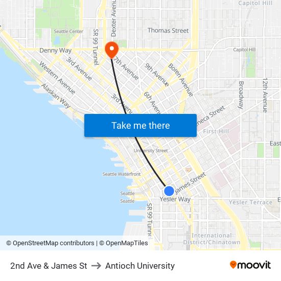 2nd Ave & James St to Antioch University map