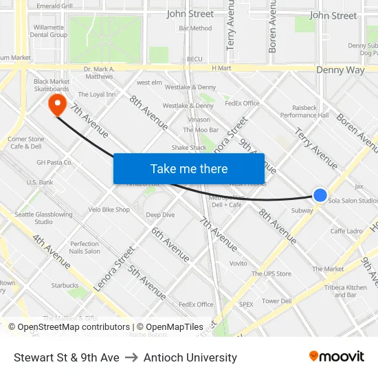 Stewart St & 9th Ave to Antioch University map