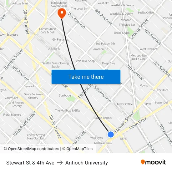 Stewart St & 4th Ave to Antioch University map