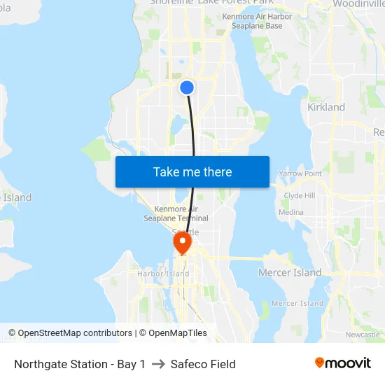 Northgate Station - Bay 1 to Safeco Field map