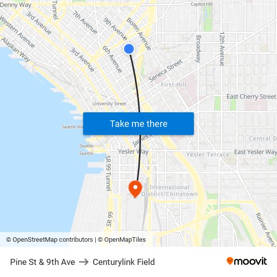 Pine St & 9th Ave to Centurylink Field map