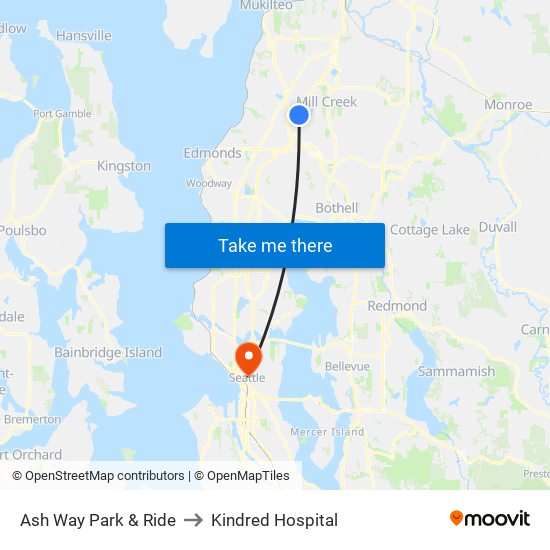 Ash Way Park & Ride to Kindred Hospital map