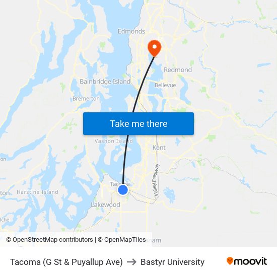 Tacoma (G St & Puyallup Ave) to Bastyr University map