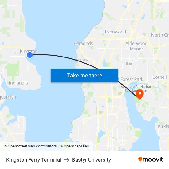 Kingston Ferry Terminal to Bastyr University map