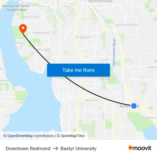 Downtown Redmond to Bastyr University map