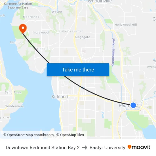 Downtown Redmond Station Bay 2 to Bastyr University map