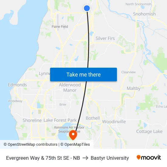 Evergreen Way & 75th St SE - NB to Bastyr University map