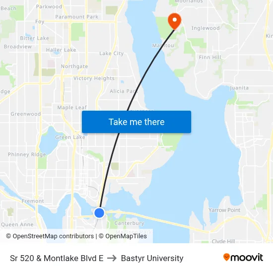 Sr 520 & Montlake Blvd E to Bastyr University map