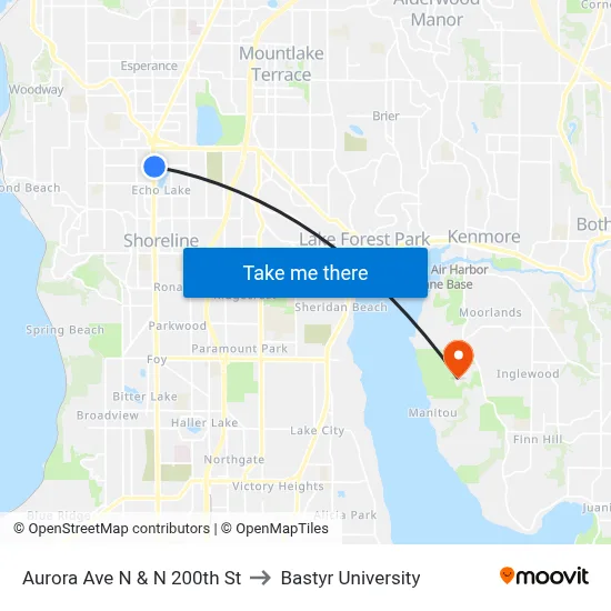 Aurora Ave N & N 200th St to Bastyr University map