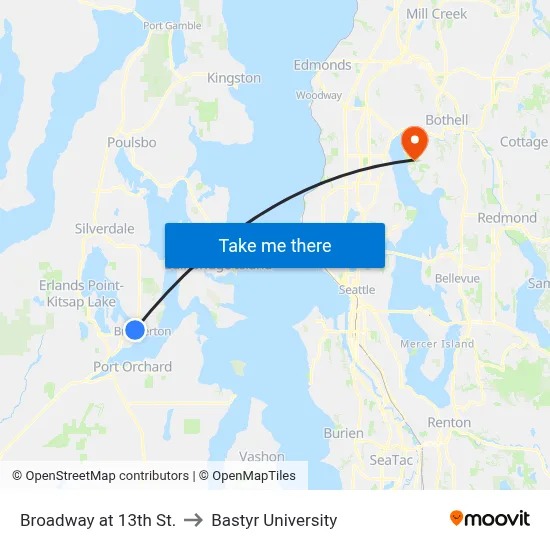 Broadway at 13th St. to Bastyr University map