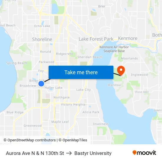 Aurora Ave N & N 130th St to Bastyr University map