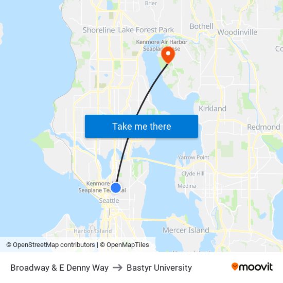 Broadway & E Denny Way to Bastyr University map