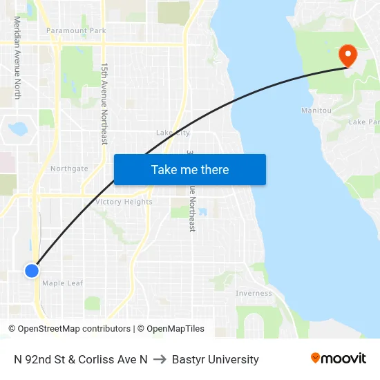 N 92nd St & Corliss Ave N to Bastyr University map