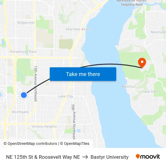 NE 125th St & Roosevelt Way NE to Bastyr University map