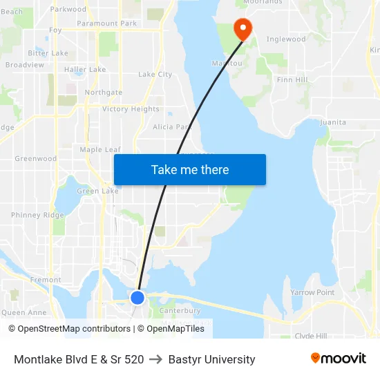 Montlake Blvd E & Sr 520 to Bastyr University map