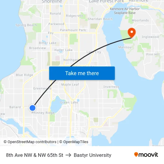 8th Ave NW & NW 65th St to Bastyr University map