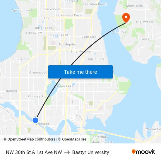 NW 36th St & 1st Ave NW to Bastyr University map