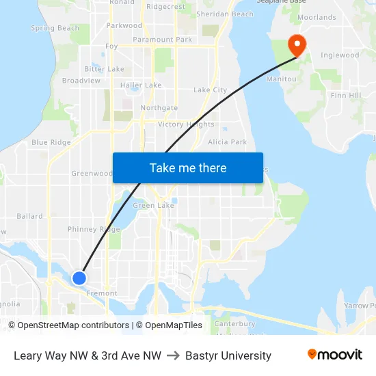 Leary Way NW & 3rd Ave NW to Bastyr University map