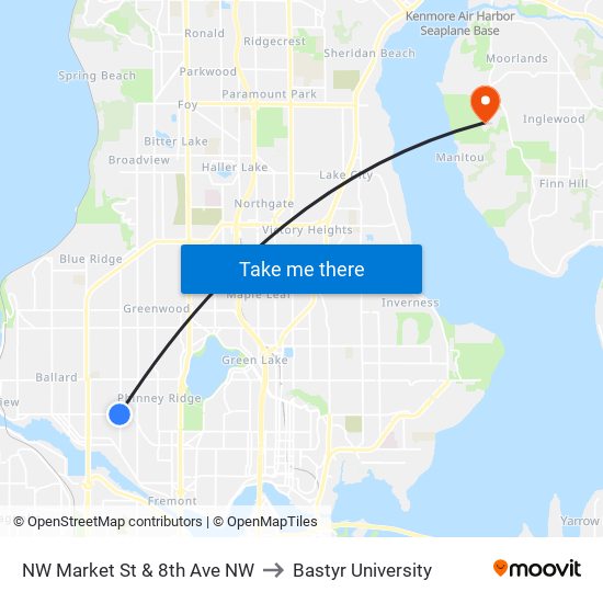 NW Market St & 8th Ave NW to Bastyr University map