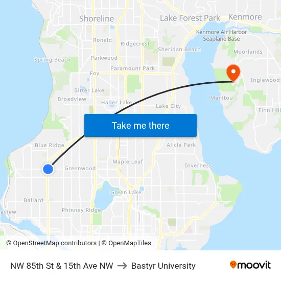 NW 85th St & 15th Ave NW to Bastyr University map