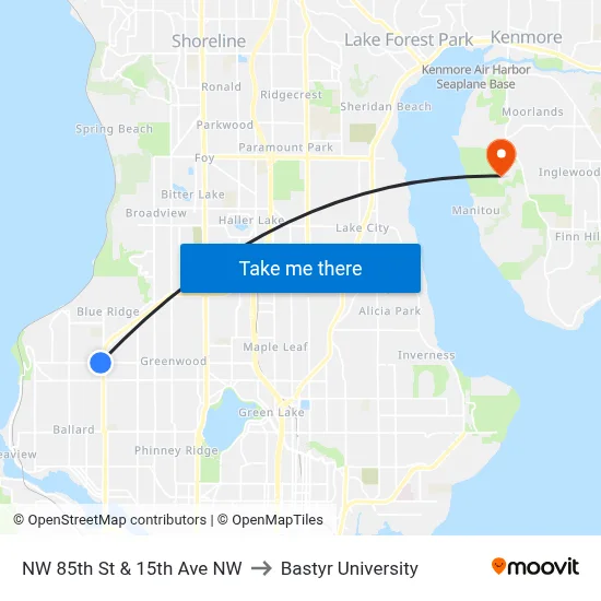 NW 85th St & 15th Ave NW to Bastyr University map