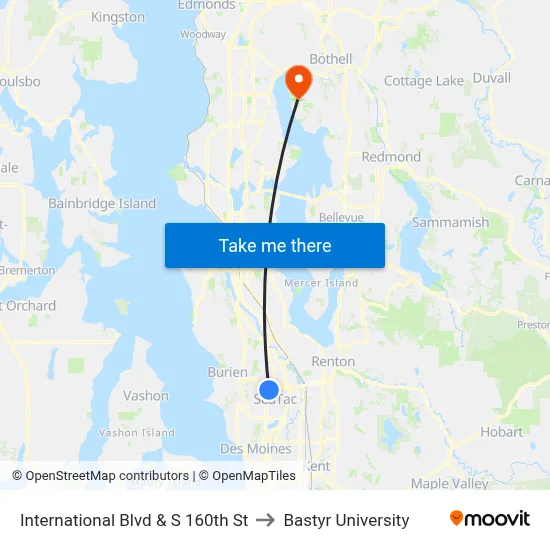 International Blvd & S 160th St to Bastyr University map
