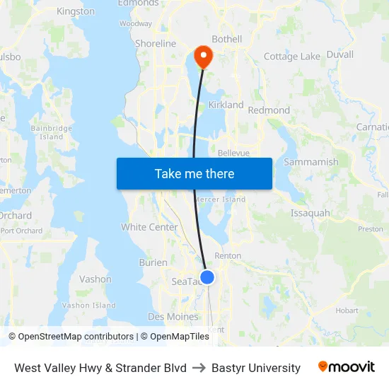 West Valley Hwy & Strander Blvd to Bastyr University map