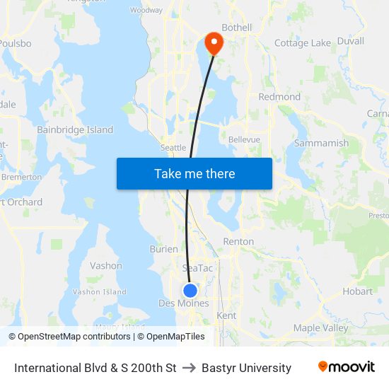 International Blvd & S 200th St to Bastyr University map