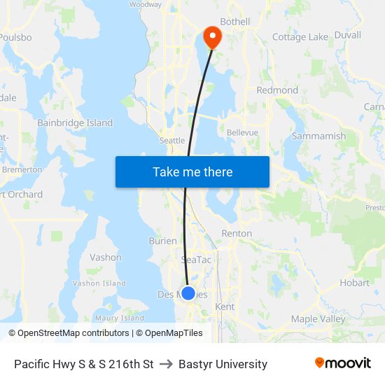 Pacific Hwy S & S 216th St to Bastyr University map